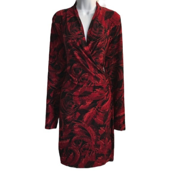Norma Kamali red & black feather print faux wrap ls jersey dress size L in EUC - Picture 2 of 15